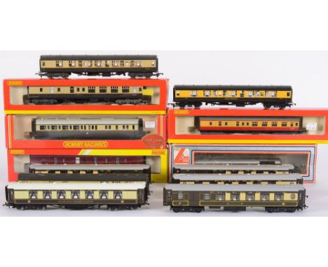 A collection of various carriages and coaches, Lima, Hornby and others in various liveries:, boxed and loose.