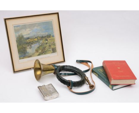 An Austrian brass hunting horn, together with a plated hip flask, Bailey's Hunting Directory 1928-129, Hunting Year book 1998