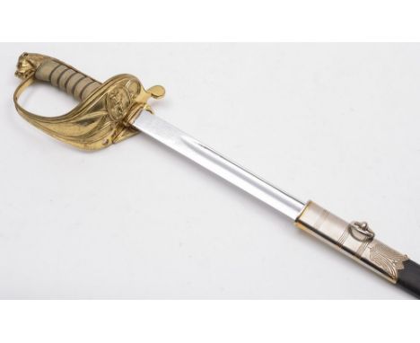 A modern Naval officers dress sword: with 78cm fullered blade with fouled anchor cypher, gilt brass knuckle guard with foldin