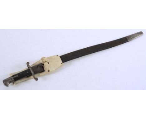 An Enfield 1858 pattern sword bayonet:,  curved fullered blade stamped to crosspiece '281', black chequered grips, black leat