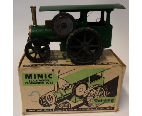 Triang Minic Traction Engine: with green tinplate body and plastic wheels, boxed.

