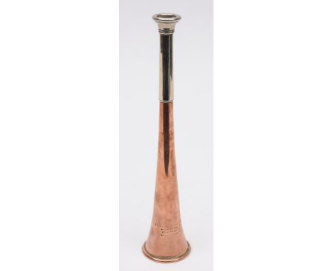 A copper and silver plated hunting horn by Kohler & Son for Swaine and Adeney:, signed as per title, 22cm long.