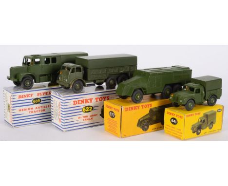 Dinky No 622 10-Ton Army Truck: No 641 Army 1-Ton Truck, No 677 Armoured Command Vehicle and No 689 Medium Artillery Tractor,