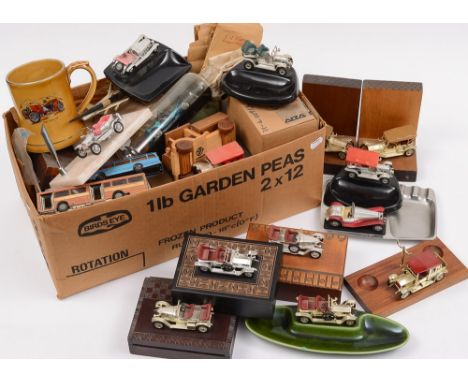 A collection of Lesney 'Models Of Yesteryear' penstands, ashtrays and cigarette boxes:, each mounted with a vintage vehicle a