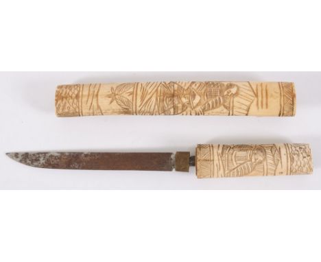 A Japanese ivory-mounted tanto in figural carved bone scabbard:, (damaged)