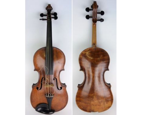 A late 19th century violin; the two-piece back of medium flame and curl, stamped Duke, London, the varnish of a light honey b