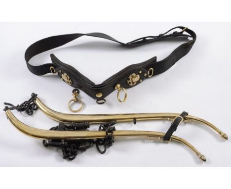 A pair of heavy horse brass hames and a vintage driving back pad with brasses:.