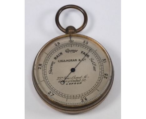 A 19th century gilt cased pocket barometer by Callaghan & Co, London:, the silvered dial signed as per title with rotating be