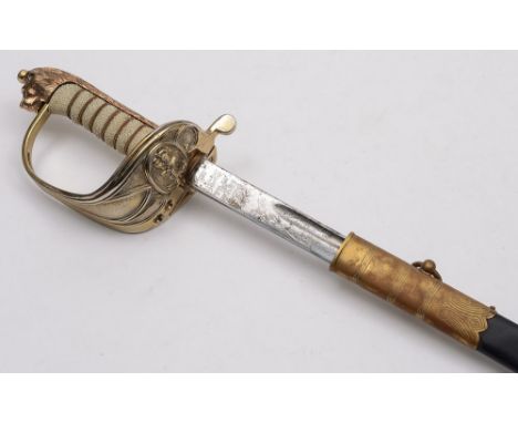 A modern Naval officers dress sword: with 78cm fullered blade with fouled anchor cypher, gilt brass knuckle guard with foldin