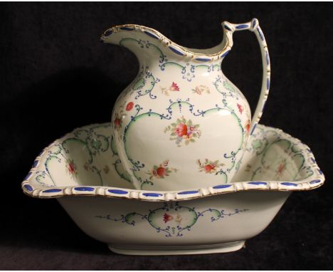 Middleport Pottery ewer & basin of lobed rectangular form with roses & scroll decoration, the bowl 40.5cm wide.