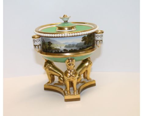 Good Flight Barr & Barr Worcester raised inkstand of circular Neo Classical form in green & gilt, covered central inkwell & t