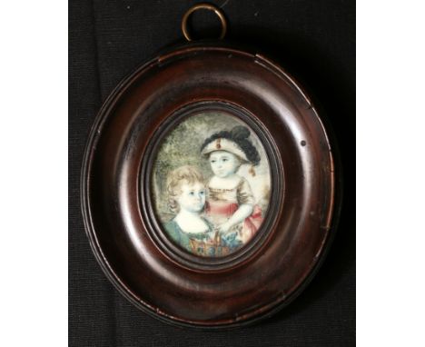 18th century miniature portrait of two children, unsigned, inscribed on reverse "John Brown 1786, Exhibited RA," 4.5cm x 4cm,