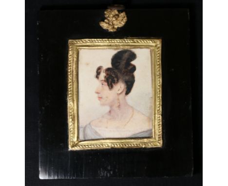 Early 19th century miniature portrait of a lady, watercolour on paper, 7.5cm x 6cm in black lacquer frame.