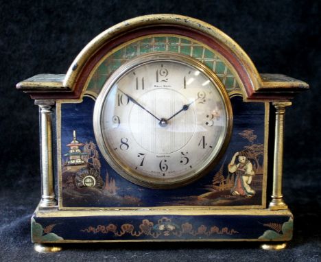 1920's mantel clock for Bell Bros., Doncaster, Swiss movement in black lacquer & gilt chinoiserie decorated case with columns