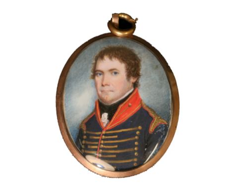 19th century miniature portrait of an officer, unsigned, 6.5cm x 5.25cm, oval, in gilt metal locket with enamel back. Conditi