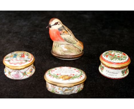 Halcyon Days patch box in the form of a robin & three other Halcyon Days enamel boxes.  (4).