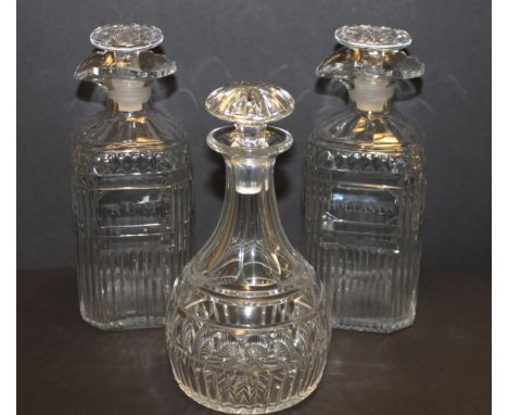 Two 19th century square bodied decanters, cut decoration, one etched 'Hollands' (gin), the other Rum, mushroom stoppers & ano