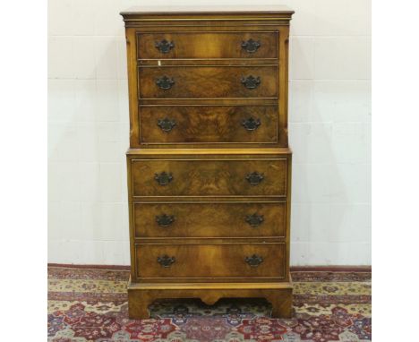 Reproduction walnut chest on chest of small proportions three drawers and canted corners to the upper section, three drawers 