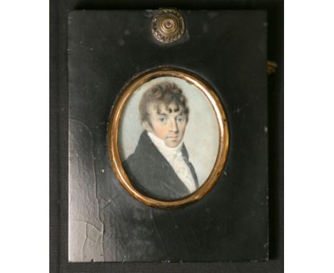 19th century miniature portrait of a gentleman, unsigned, 6cm x 5cm, oval, in black lacquer frame.