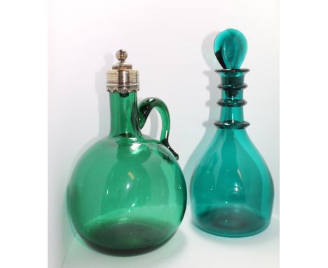 19th century aqua green mallet shape decanter, triple ring neck & lozenge stopper & a green glass claret jug, silver stopper 