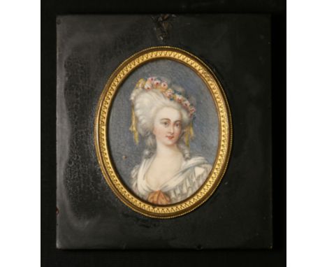 18th century miniature portrait of a lady, indistinctly signed, 9cm x 6.5cm, oval, in black lacquer frame.