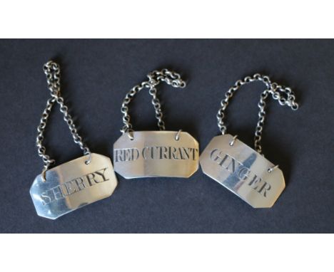 Set of three silver decanter labels, rectangular with cut corners engraved for 'Ginger', 'Red Currant' & 'Sherry', maker's ma