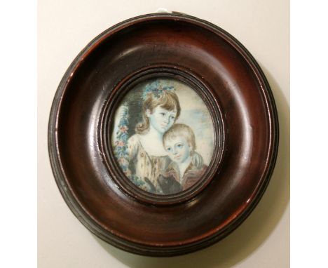 18th century miniature portrait of two children with dog, unsigned, dated on reverse 1786, 4.5cm x 4cm, in wooden frame. Cond