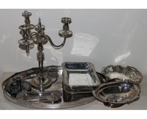 Collection of ep to include oval gallery tray, a candelabrum, two entree dishes and covers, snuffers with tray, a chamber sti