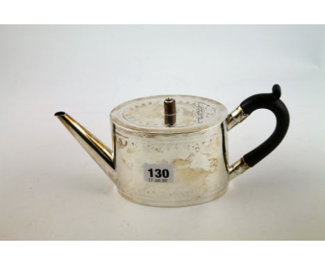 Silver teapot of oval straight-sided Georgian style with engraved bands, by Hukin & Heath, Birmingham 1876, 14oz.