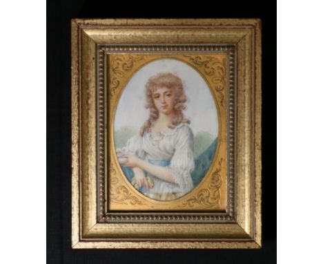 19th century miniature portrait of a lady, unsigned, 9.5cm x 7cm, oval, in gilt frame.