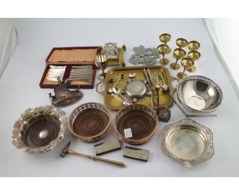 Three decanter stands and various ep, brass and other items.