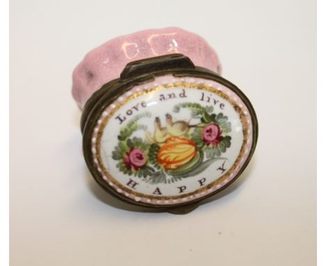 18th century English enamel oval patch box, the hinged mirrored cover with doves & the inscription "Love & Live Happy", above