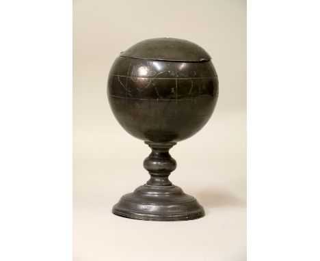 19th century Chinese pewter tea caddy and liner cast in the form of a terrestrial globe, the continents etc inscribed with Ch