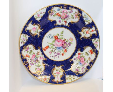 Barr, Flight & Barr Worcester plate, scale blue & gilt decoration with floral painted reserves, probably a repaint/re-match, 