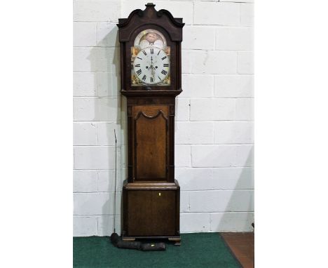 19th century eight day longcase clock, painted lunar arched top dial with painted ruins to the spandrels, replacement brass m