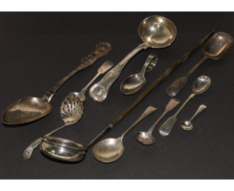 Silver toddy ladle with whalebone handle, a sauce ladle, king's pattern, Exeter, 1843, a similar tablespoon, Glasgow 1831, an