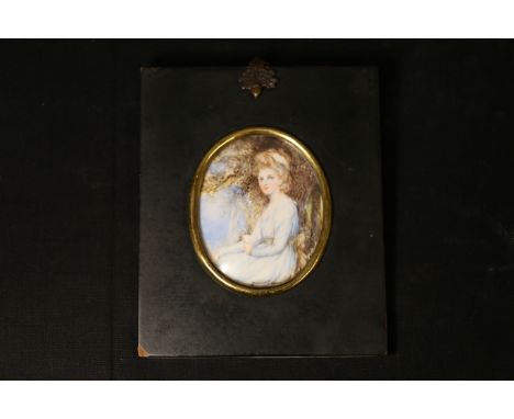 19th miniature portrait, inscribed "Countess of Carlisle" on reverse, 8cm x 6.5cm, oval in black lacquer frame.