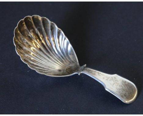 George III silver caddy spoon with scallop bowl, by E Morley, 1804 Condition Report. No intials possiblly erased