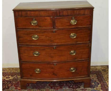 19th century mahogany bow front chest of two short and three long drawers on bracket feet, 91cm wide