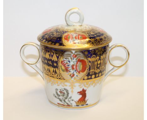Worcester, Chamberlain's, two handled chocolate cup & cover decorated in polychrome & gilt with armorials, flowers & stylisti