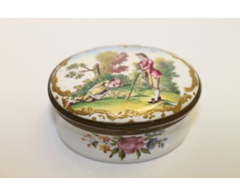 18th century English enamel oval patch or snuff box, the hinged cover depicting rustic figures by bushes & trees, 6cm wide.