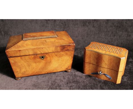 French kingwood box of lobed rectangular form with hinged lid & mother of pearl & geometric design, 14cm wide; also a 19th ce