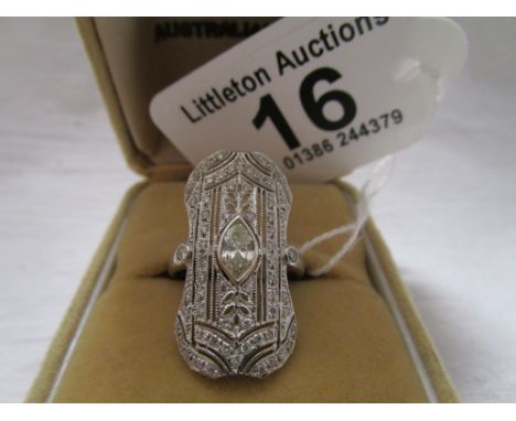 Fine Art Deco style white gold and diamond set ring (large diamond to centre).Size M and the front shield is approx 3cm x 1.5