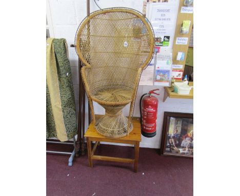 Peacock cane chair and pine chess/coffee table