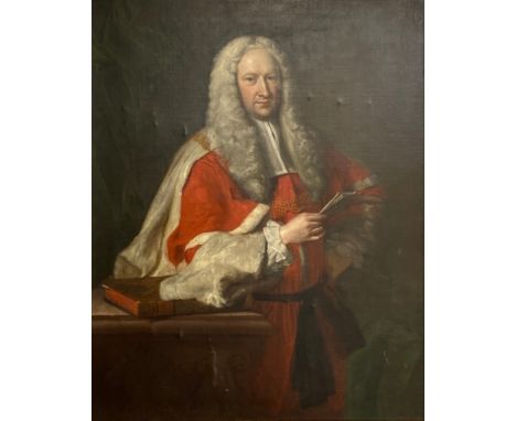 A large 18th century oil on canvas, portrait of the Chief Justice of Common Pleas, Sir John Willes (1685-1761) in a gilt fram