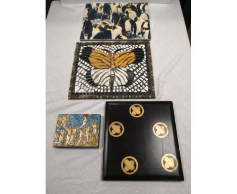 A collection of artworks to include a butterfly mosaic, a signed ceramic tile depicting penguins, a signed contemporary oil o