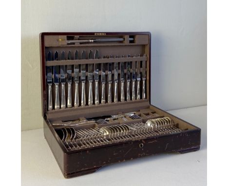 A complete set of Mappin and Webb silver plated cutlery for eight place settings with maker's marks in a fitted baize lined m