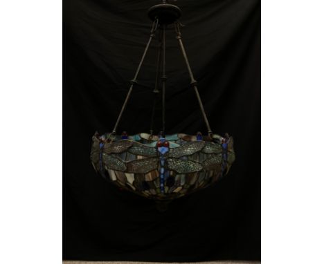An early 20th century Art Nouveau Tiffany style coloured glass and lead work Dragonfly plaffonier pendant light suspended bel