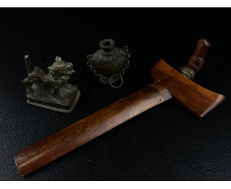 A collection of three Oriental items to include a 19th century Tibetan cast bronze temple lion along with a small 19th centur