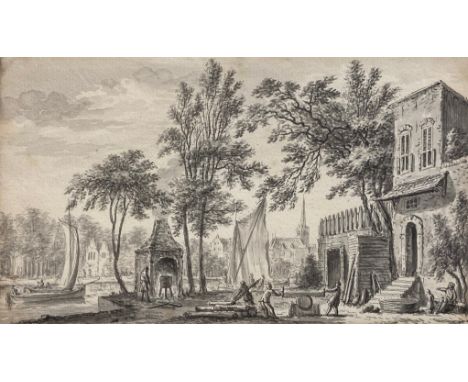 An 18th century Dutch Old Master pen, ink and wash study attributed to Abraham Rademaker (1675-1735) depicting sawyers and ca